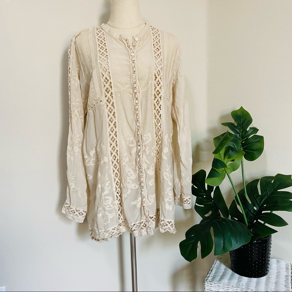 Johnny Was ivory embroidered button down tunic